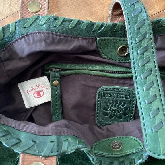 Lucky Brand Olive Green Soft Italian Leather Laced Hobo Tote Book Shoulder Bag - Picture 10 of 12